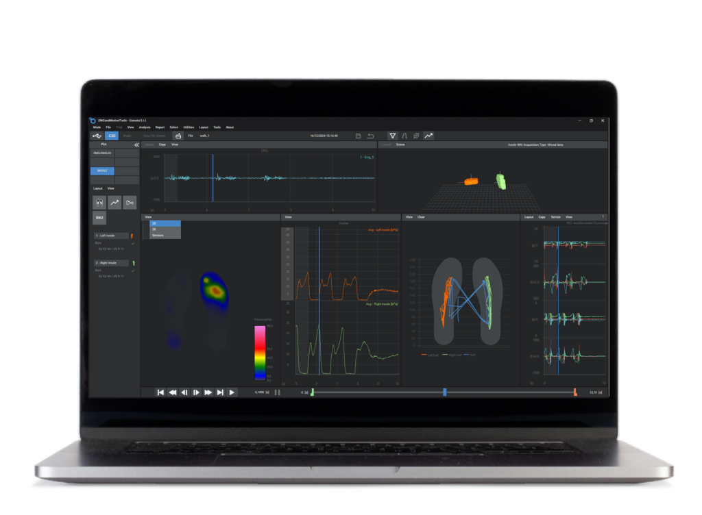 EMG & Motion Tools Software auf Laptop — Druckverteilung, Ganganalyse und EMG-Signale in einer Oberfläche