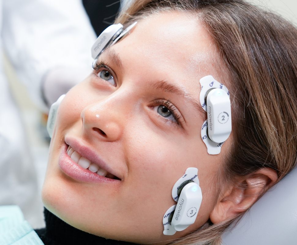 Patientin mit vier kabellosen Myowise EMG-Sensoren auf Temporalis und Masseter im Behandlungsstuhl