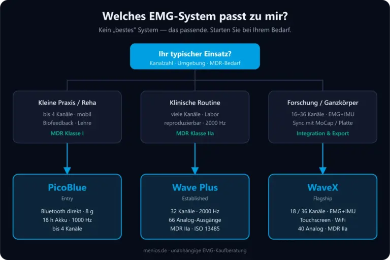 EMG-System-Entscheidungsbaum: Bedarf fuehrt zu PicoBlue, Wave Plus oder WaveX