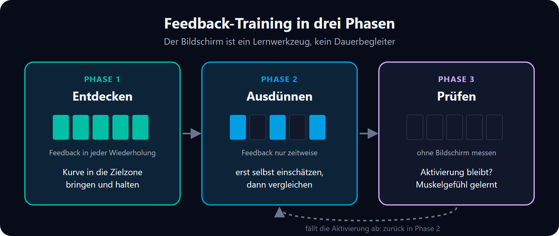 Feedback-Training in drei Phasen: Entdecken mit Feedback in jeder Wiederholung, Ausdünnen mit Feedback nur zeitweise, Prüfen ohne Bildschirm. Fällt die Aktivierung ab, geht es zurück in Phase 2.