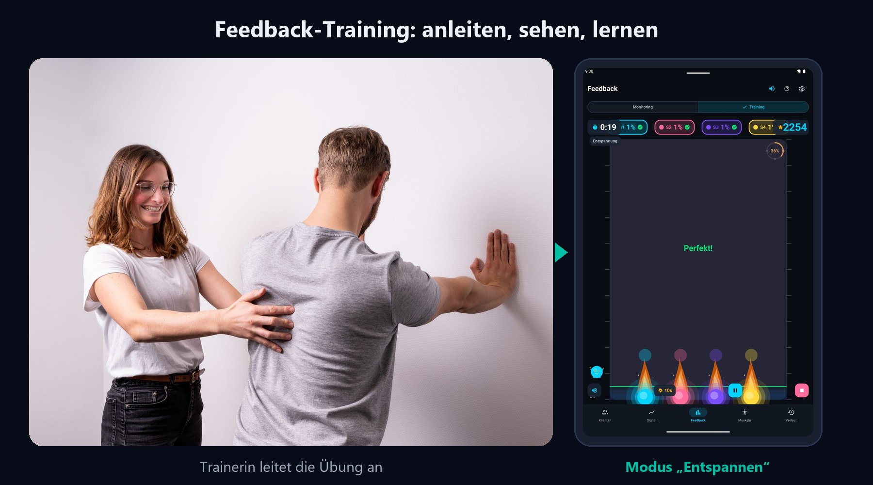 Eine Trainerin leitet eine Übung an der Wand an, daneben das Tablet mit dem Modus Entspannen: vier Sensoren unter der Schwelle.
